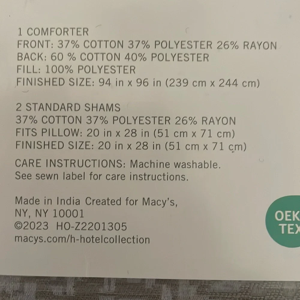 Macy HOTEL COLLECTION TERRA COMFORTER + 2 STANDARD SHAMS 3 PIECE SET